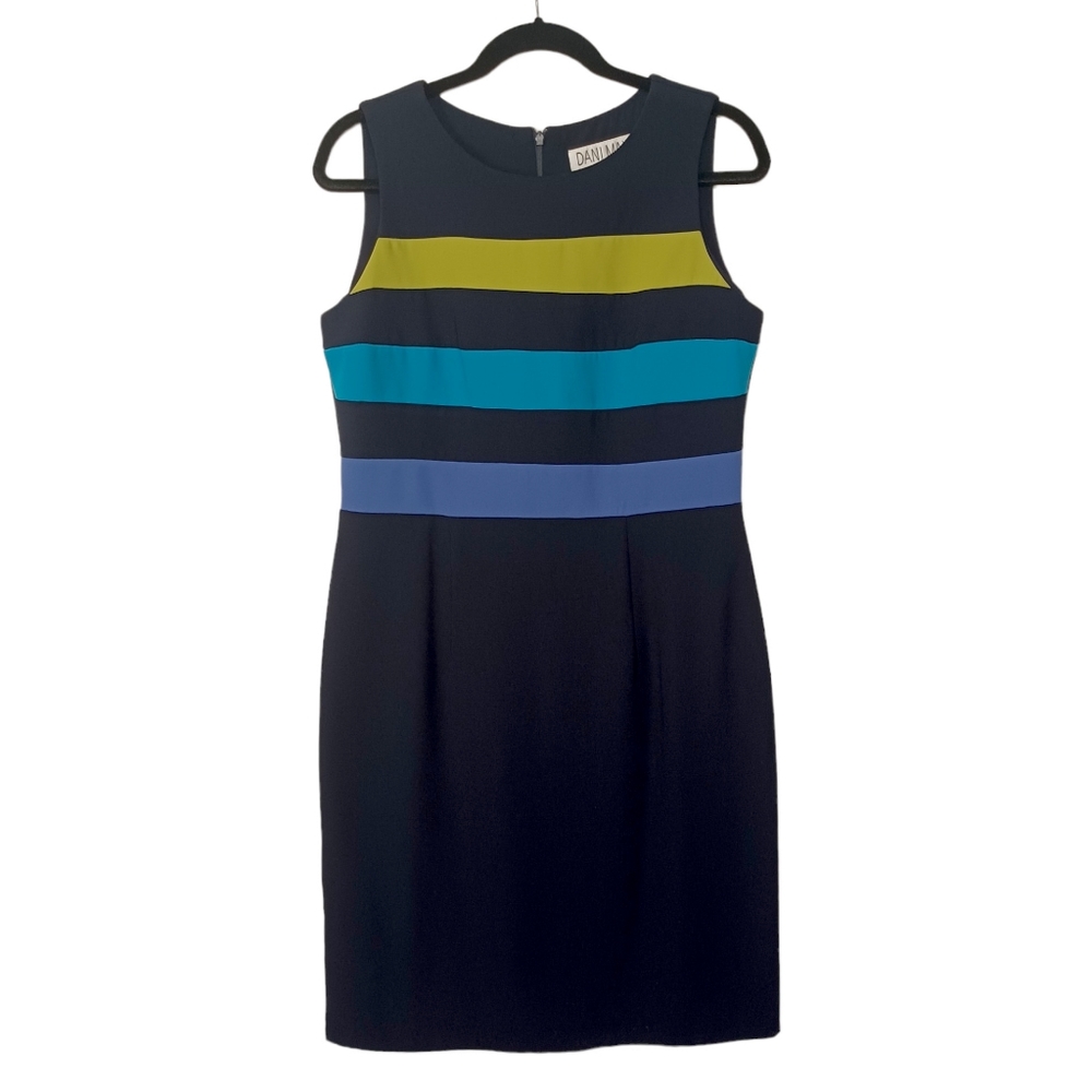 VTG DANI MAX Blue Lime Green Stripe Print Sleeveless Sheath Navy Blue Dress 12 L